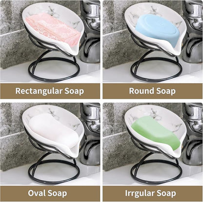 Leaf-Shaped Soap Dish – Premium Ceramic Soap Bar Holder with Self-Drainage System – Bar Soap Holder for Shower, Bathroom Sink, Kitchen – Waterfall Soap Dish with Stainless Steel Stand (Black)