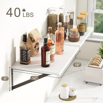 Fun Memories White Floating Shelves 18 Inch Long, Rustic Floating Shelf with Brackets, 12 Inch Deep Wall Shelves, White Bathroom Shelves, 18 x 12 Storage Shelf for Kitchen, Living Room, Set of 2