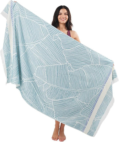 SOFE H&L | LINVIA Foutah Quick Dry Beach Towel Pack of 1 (35” x 70”) Leaves - Green | Lightweight, Premium, Fade Resistant, Durable | Travel Towel, Turkish Beach Towel with Shoulder Strap