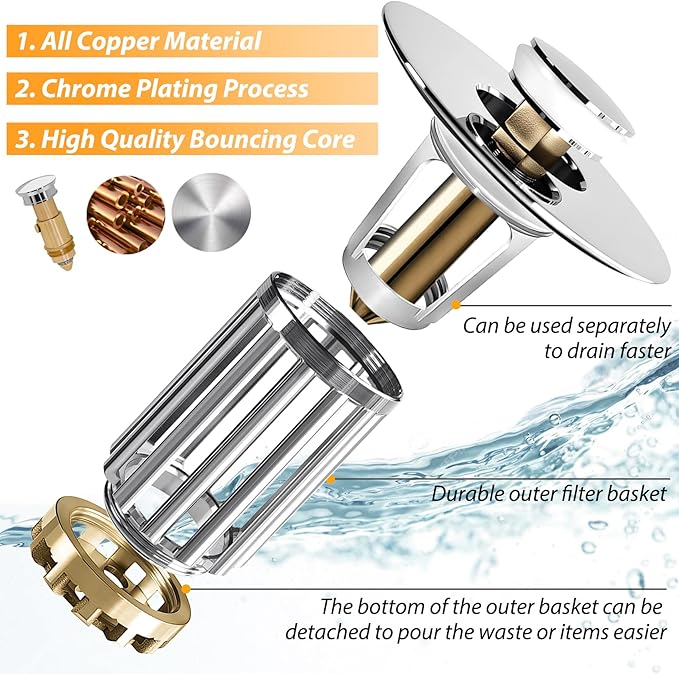 Bathroom Sink Drain Strainer, 2PCS 3 in 1 Pop Up Bathroom Sink Stopper with Removable Brass Basket Hair Catcher, Universal Sink Plug for 1.06 to 1.6in Drain Hole, Chrome Silver