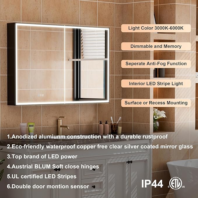 WELLFOR 48" X 30" LED Mirrored Medicine Cabinet, Medicine Cabinets with Lights for Bathroom, Defogging Function Mirror Cabinet, Bathroom Medicine Cabinet with USB Port & Outlet, Double Opening Doors