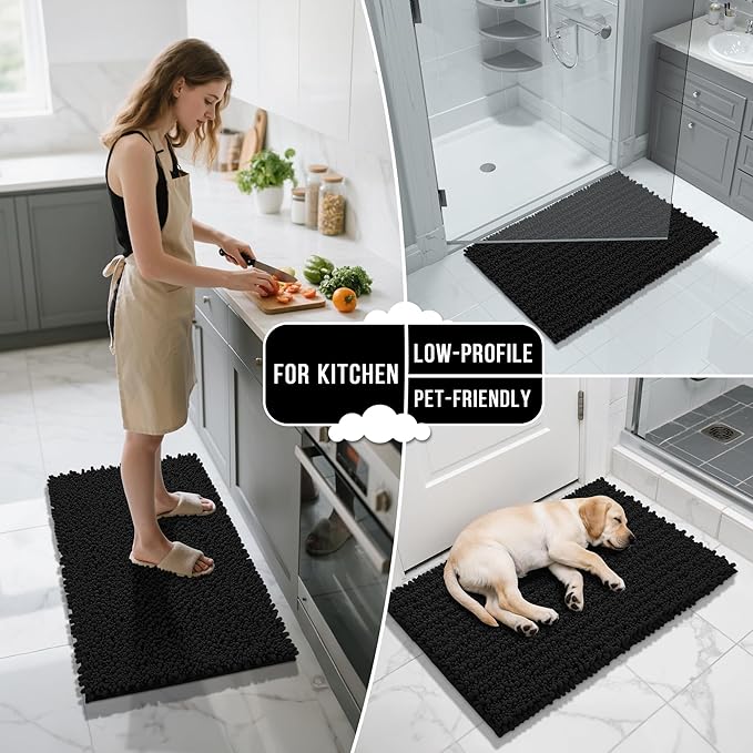Yimobra Bathroom Runner Rug 60x24 Inch - Extra Long Non Slip Chenille Bath Mat, Soft & Absorbent, Machine Washable Shaggy Hallway Carpet for Vanity Tub Shower, Black Home Decor Accessories