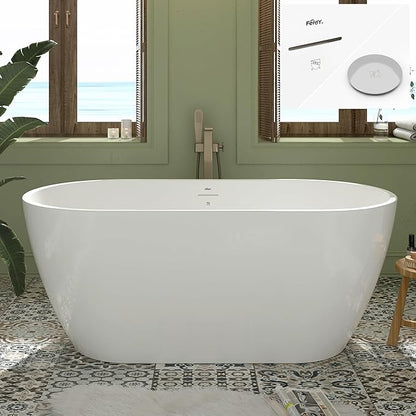 FerdY 59" Bali Elite Acrylic Freestanding Bathtub, Gracefully Shaped Freestanding Soaking Bathtub, cUPC Certified, Toe-Tap Chrome Drain and Minimalist Linear Design Overflow Included