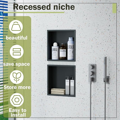 12x12 Matte Black Shower Niche - Stainless Steel Tile-Ready Bathroom Storage for Small Showers