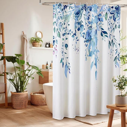 Colorful Star Blue Eucalyptus Waterproof Shower Curtain Set with Hooks, Minimalist Watercolor Floral Print Bathroom Décor, Plant Leaves Washable Fabric Shower Curtain, 72 x 78 Inch