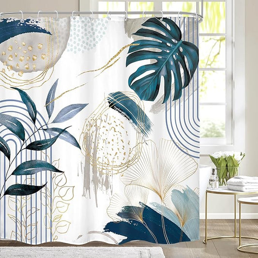 Navy Blue Boho Shower Curtain 72Wx72H Modern Mid Century Abstract Gold Tropical Leaves Palm Minimalist Plant Geometric Arch Bathroom Decor Botanical Bath Curtain Fabric Polyester 12 Pack Hooks