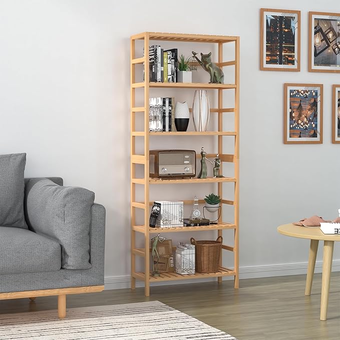 VASMIA 6-Tier Bamboo Shelf,Bamboo Storage Shelving Unit,Tall Bookcase with Adjustable Shelves,Multipurpose Storage Display Shelf for Bathroom, Living
