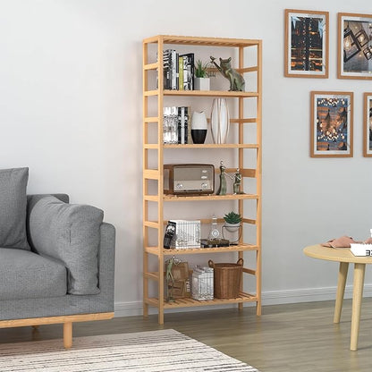 VASMIA 6-Tier Bamboo Shelf,Bamboo Storage Shelving Unit,Tall Bookcase with Adjustable Shelves,Multipurpose Storage Display Shelf for Bathroom, Living