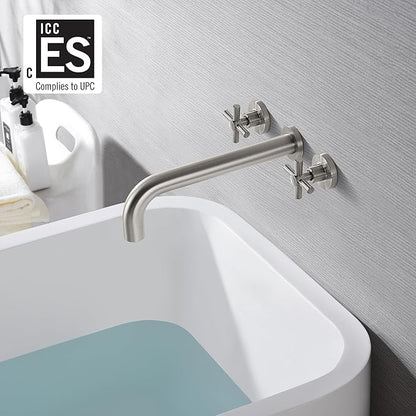 SUMERAIN Tub Faucet Brushed Nickel Wall Mount Tub Filler High Flow Bathtub Faucet with Rough in Valve, Extra Long Spout