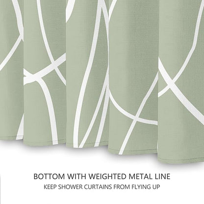 Tititex Morden 140gms Faux Linen Fabric Bath Shower Curtain Set Textured Fabric with Sage White Curve Pattern 72x72 Inch Water Resistant Bathroom Curtains, Weighted Hem & Hooks for Home/Hotel