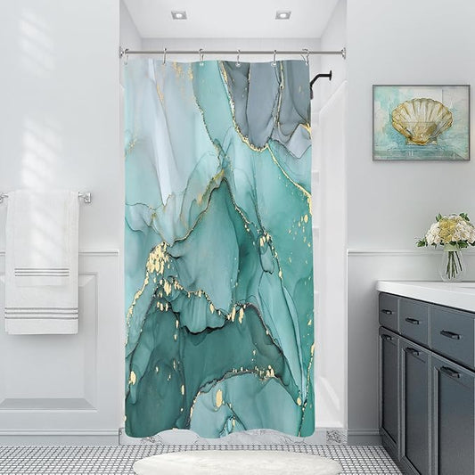 Small Stall Marble Shower Curtain 36 x 72 Inch, Half Narrow Abstract Modern Shower Curtains for Bathroom, Luxury Art Ink Texture Fabric Shower Curtain Set with Hooks, Turquoise