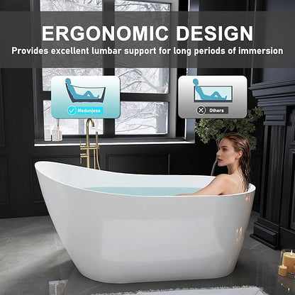 59" High-back Acrylic Freestanding Bathtubs, Stand Alone Tub, Soaking Tubs for Bathroom, Integrated Overflow and Drain, cUPC Certified, Gloss White