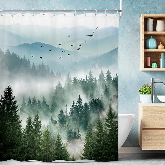 Riyidecor Green Shower Curtain 54Wx78H Inch Long Rustic Mountain Scenery Pine Tree Greenery Landscape Natural Woodland Mens Nature Bathroom Decor Fabric Polyester Waterproof 12 Pack Hooks