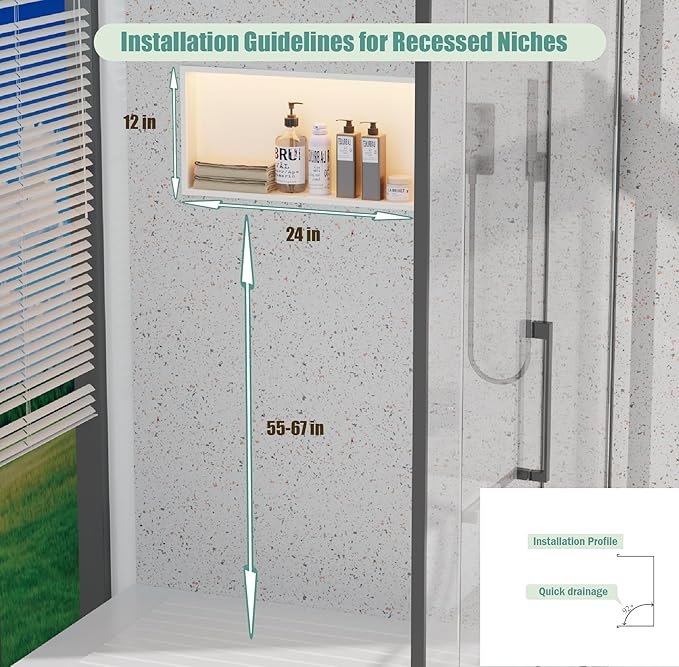 24"x12" Lighted Shower Niche ，Stainless Steel Waterproof Shower Storage with Lighting ，No Tile Needed ，Matte White （ 24 x 12 in）