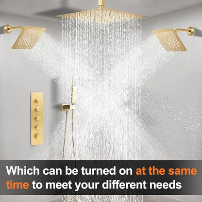 Thermostatic Shower System Three Shower Heads with 16" Ceiling Mounted Rain Shower Head & 2 x 6" Wall Mounted Head 4 Function Shower System Can All Run Together, Brushed Gold