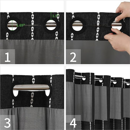 Boho Farmhouse No Hook Shower Curtain Set with Snap-in Fabric Liner,Heavy-Duty Linen Textured Rustic Striped Design,Water-Repellent with Tassels and Sheer Window,Black,71x74