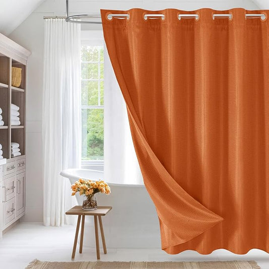 MitoVilla Orange Long Shower Curtain Liner Set 72 x 80, No Hooks Needed 80 inch Long Heavyweight Waffle Fabric Shower Curtain Set with Snap-in Liner for Hotel Grade Spa-Like Bathroom Decor