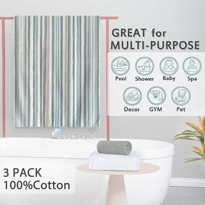 VOOVA & MOVAS 3PCS Bathroom Towels, 100% Cotton, Quick Dry, Thick, Soft, 1PC Stripe Bath Towel 30"x54", White Hand Towel 18"x28", Gray Washcloth 13"x13", Bathroom Essentials