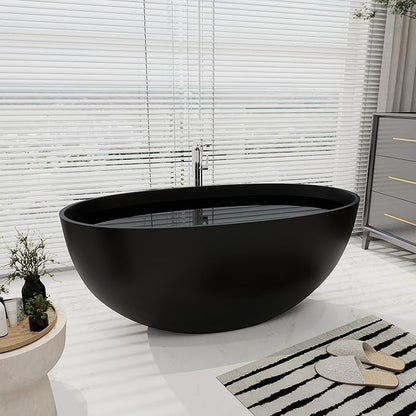 SJ STAR&JANE 55" Solid Surface Freestanding Bathtub, Stone Resin Oval Soaking Tub Matte Black Stand Alone Tub with Overflow and Pop-up Drain for Bathroom