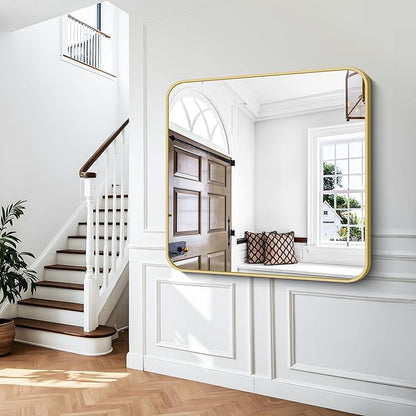 BONEWEI Gold Bathroom Mirror,48x48 inch Wall Mirror for Bathroom Wall Mounted,Round Rectangle Mirror for Bathroom Over Sink,Modern Frame for Home Decor Living Room,Bedroom Entryway,Horizontal/Vertical