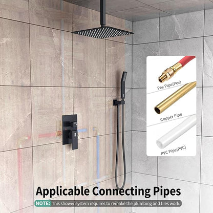 SR SUN RISE 12 Inch Ceiling Mount Matte Black Shower System Bathroom Luxury Rain Mixer Shower Faucet Set Ceiling Rainfall Shower Head System Faucet Trim Repair Kits Rough-in Valve and Trim Included