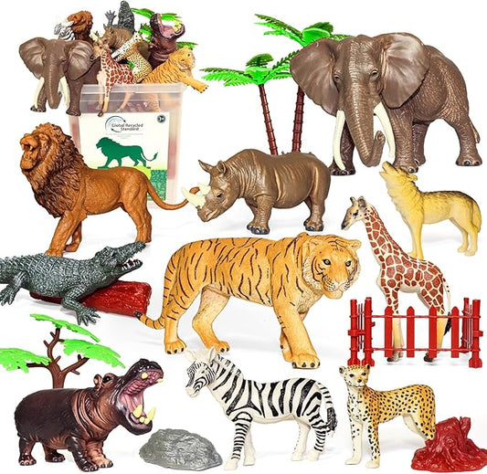 10 Big Realistic Safari Animal Toys for Kids 3-7, Jungle Figures Set with 12 Accessories & Storage Bucket, Educational Plastic Toys