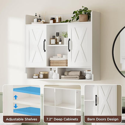 White Bathroom Wall Cabinet, Wall Mount Storage Cabinet, Floating Medicine Cabinet with 4 Open Shelves and 6 Deep Cabinets Over The Toilet for Laundry Room, Kitchen
