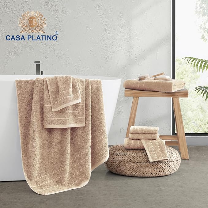Casa Platino 100% Cotton 8 Piece Bath Towel Set - Ring Spun, Quick Dry, Super Soft & Highly Absorbent - 2 Bath, 4 Washcloths, 2 Bathroom Hand Towels - Hotel Quality Bathroom Towel Set - Beige