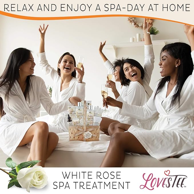 Christmas Gifts Bath & Body Spa Gift Basket for Women, Best Gift for Mother's Day & Birthday, White Rose Set Body Lotion, Shower Gel, Bubble Bath, Bath Salt, Towel, Soap, Oil, Candle, Gloves,