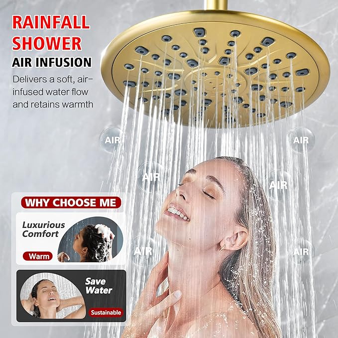 sumerain Shower System set with High Pressure Multi-modes Shower Heads and Handheld, Brushed Gold Rainfall Shower Faucet Complete with Slide Bar, Included Valve and Trim Kit