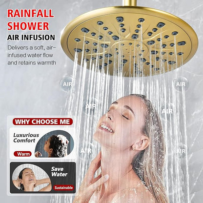 sumerain Shower System set with High Pressure Multi-modes Shower Heads and Handheld, Brushed Gold Rainfall Shower Faucet Complete with Slide Bar, Included Valve and Trim Kit