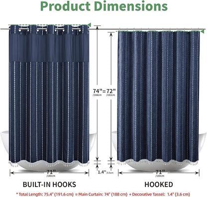 No Hook Boho Farmhouse Shower Curtain with Snap-in Liner Set,Linen Rustic Heavy Duty Striped Fabric Shower Curtain with Tassel,Hotel Style Cloth Shower Curtains for Bathroom,Navy Blue,71x74