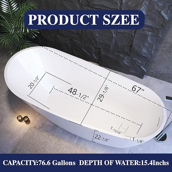 67" Acrylic Free Standing Tub, Stand Alone Tub, Freestanding Bathtub, Soaking Bathtub, cUPC Certified, CM(Glossy White)