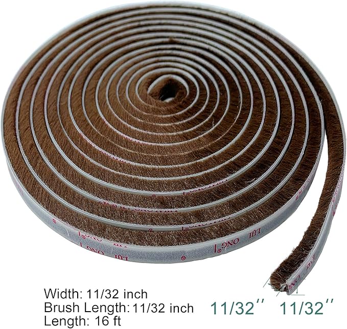 TORRAMI Felt Pile Weather Stripping Brush Strip for Window and Door Seal 11/32 inch x 11/32 inch x 16 ft,Strong Adhesive Backing Door Felt Strip for Sealing Insulation, Brown