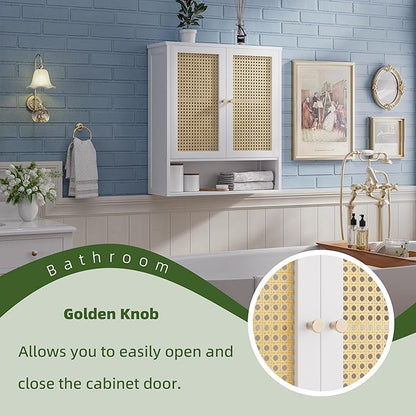 Bathroom Wall Cabinet, Bamboo Over-The-Toilet Storage Organizer with 2 Rattan Doors and Adjustable Shelf, Space Saver Medicine Cabinet for Laundry, Kitchen, Living Room (White)