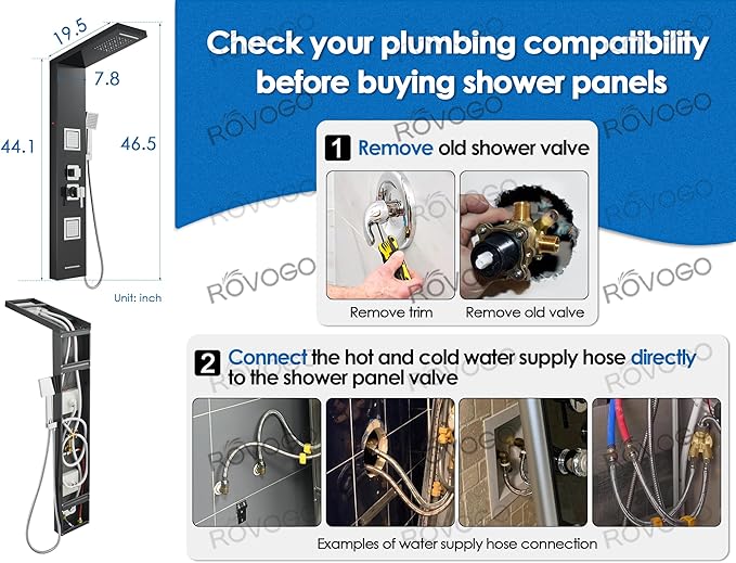 ROVOGO Shower Panel Tower System with Led Lights Rainfall Waterfall Shower Head, 2 Big Body Jets, Handheld and Tub Spout, Shower Column Stainless with Mixer Valve, Black