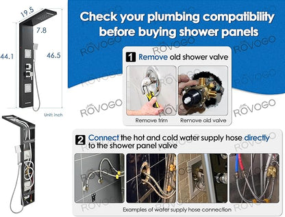 ROVOGO Shower Panel Tower System with Led Lights Rainfall Waterfall Shower Head, 2 Big Body Jets, Handheld and Tub Spout, Shower Column Stainless with Mixer Valve, Black