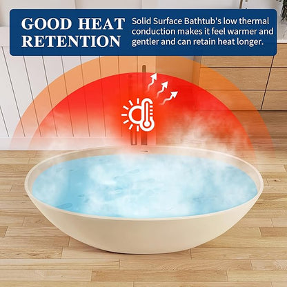 Stone Resin Freestanding Bathtub 65", Elegant Oval Shape Soaking Tub, Solid Surface Stand Alone Bathtub with Drain & Integrated Slotted Overflow AMFS303-1650 milky coffee