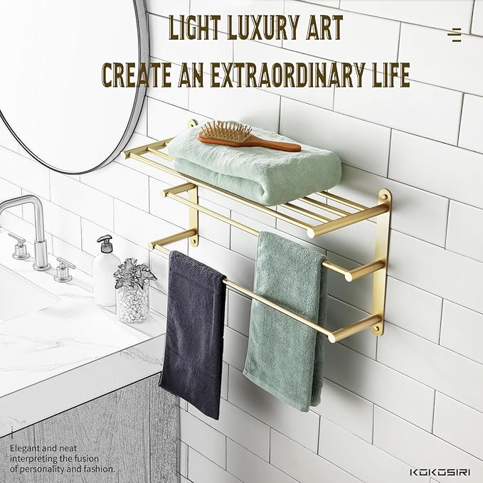 KOKOSIRI 3 Tier Bath Towel Rack 24 Inch Wall Mounted Rack with Towel Bars Towel Shelf with Single Towel Bar Bathroom Ladder Brushed Gold B5003BG