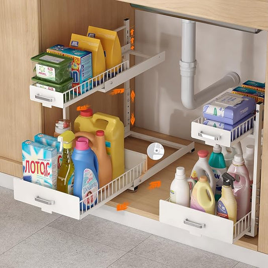 Under Sink Organizer,2 Tier Slide Out Kitchen Cabinet Organizers with Pulley,Under Bathroom Sink Pull Out Organizer with Multiple Height Adjustments for Kitchen and Bathroom Cabinets-White