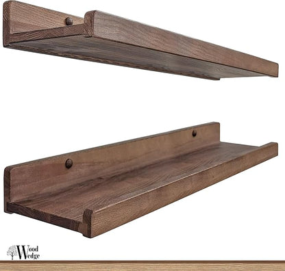 Floating Shelves for Wall 24 inch, Waterproof, Wall Storage Shelves with Lip, Display Picture Ledge Shelf for Photo Frame, Natural Wood Hanging Book Shelves (American Walnut, Set 2)