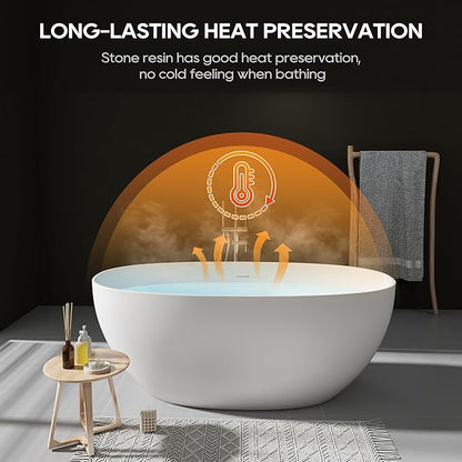 SJ STAR&JANE 59" Freestanding Solid Surface Bathtub, Oval Stone Resin Soaking Tub Stand Alone Tub with Pop-up Drain & Overflow Matte White