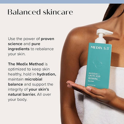MEDIX Glycolic Acid + Lactic Acid Body Wash & Vitamin C Body Wash 2PC Skincare Bundle | Exfoliating Face Cleanser For Women, Keratosis Pilaris, & Acne + Radiant Glow Vitamin C Cleanser, 2PC Set