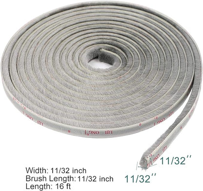 TORRAMI Felt Weather Stripping Seal Tape 11/32 inch x 11/32 inch x 16 ft, Self Adhesive Door Brush Seal Strip with New Package Neat Pile Keep Draft Out Warm in Winter, Grey