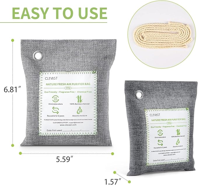 CLEVAST Bamboo Charcoal Air Purifying Bags (Large, 4×200g), Removes Odors and Moisture, Nature Fresh Air Purifier Bags, Odor Eliminator for Home, Car, Pets, Bathroom, Basement