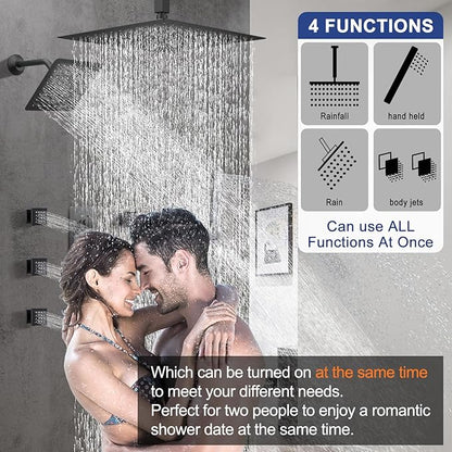 Black Shower Faucet Set Dual Shower Heads with 16" Ceiling Mounted Rain Shower Head & 6" Wall Mounted Head 4 Function Full Body Shower System with body jets,Matte Black