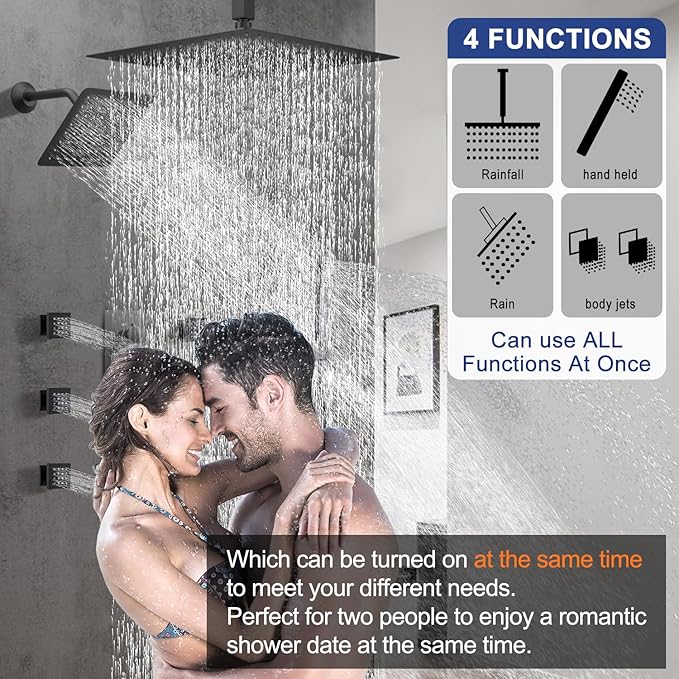 Black Thermostatic Shower System Dual Shower Heads with 16" Ceiling Mounted Rain Shower Head & 6" Wall Mounted Head 4 Function Full Body Shower System with body jets Can All Run Together