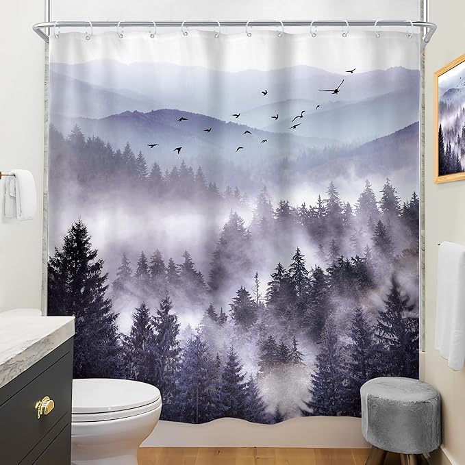 Riyidecor Purple Mountain Shower Curtain 72Wx84H Inch Extra Long Woodland Scenery Park Scene View Natural Foggy Pine Tree Alpine Cool Men Bathroom Decor Fabric Polyester Waterproof 12 Pack Hooks