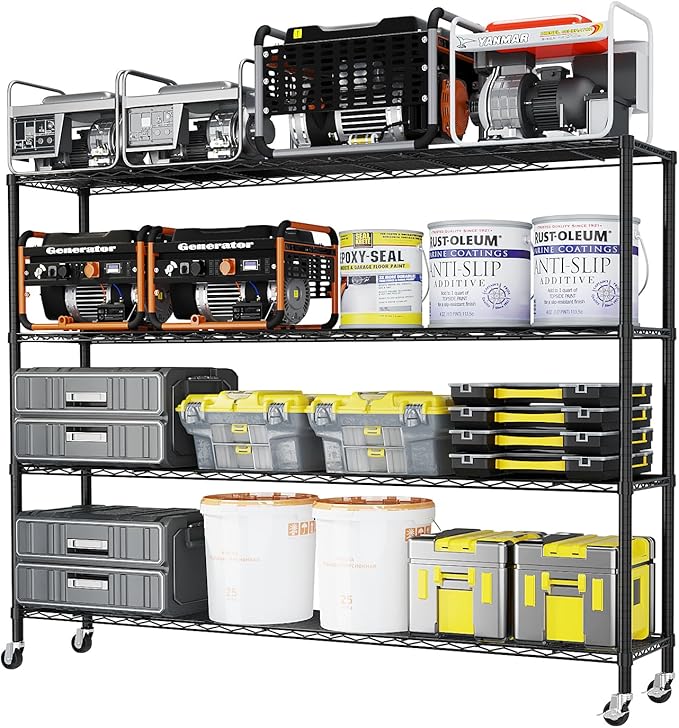 4 Tier Storage Racks Shelving, Heavy Steel Pantry Shelves, Adjustable Wire Shelving Rack with Wheels, Suitable for Garage, Kitchens, Offices, 59" W x 23.6" D x 75.6" H, Black