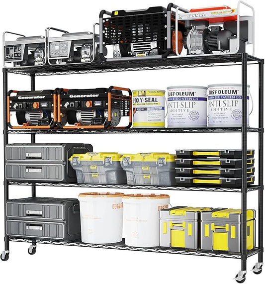 4 Tier Storage Racks Shelving, Heavy Steel Pantry Shelves, Adjustable Wire Shelving Rack with Wheels, Suitable for Garage, Kitchens, Offices, 59" W x 23.6" D x 75.6" H, Black